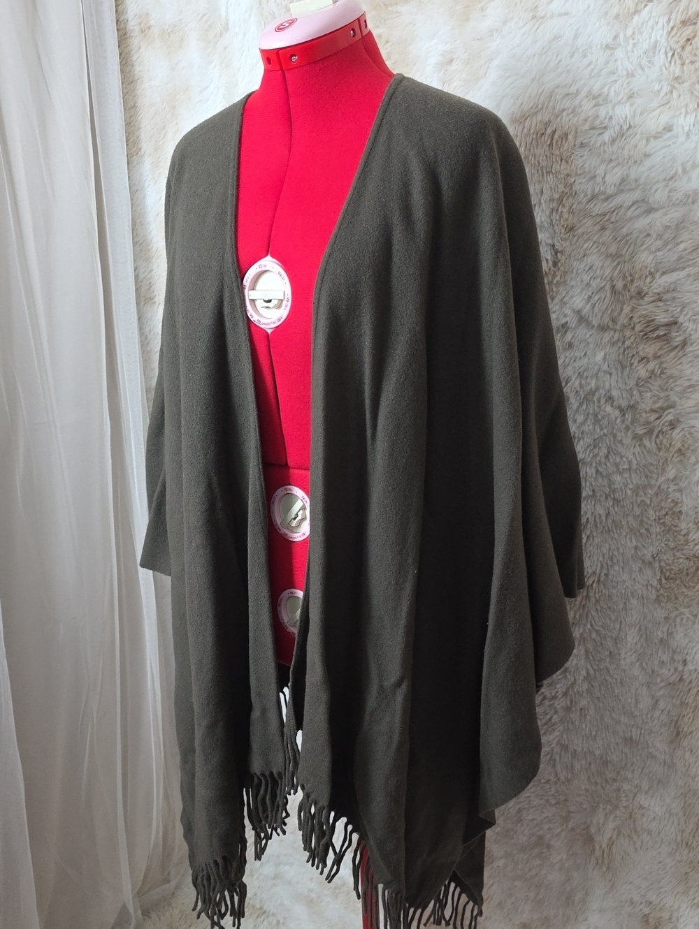 NWT Talbots 100% Wool Olive Wrap Shawl w/ Leather Belt Made in Italy OS - Picture 5 of 13